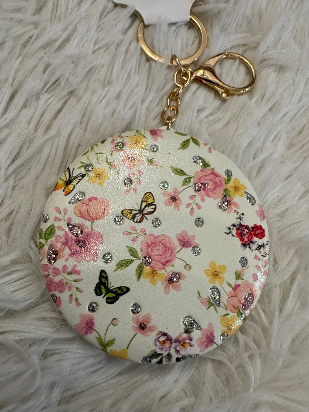 Doble side mirror keychain cushion design flower butterfly sparkles white off